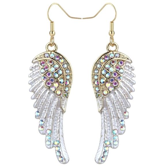 Yellow Gold with AB Aurora Borealis Crystal Angel Wing Dangle Hook Earrings